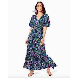 Lilly Pulitzer blue pink Onyx Paradise Glow floral silk cut out Teyla maxi dress